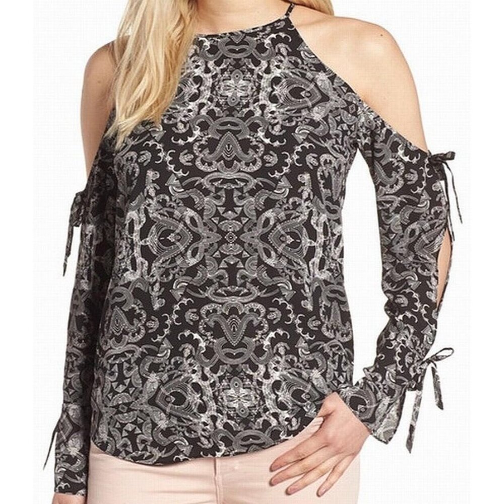 Trouve black graphic printed tied cold shoulder long sleeve blouse small MSRP 69